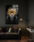 Golden Butterfly Mask Woman Portrait Glass Wall Art