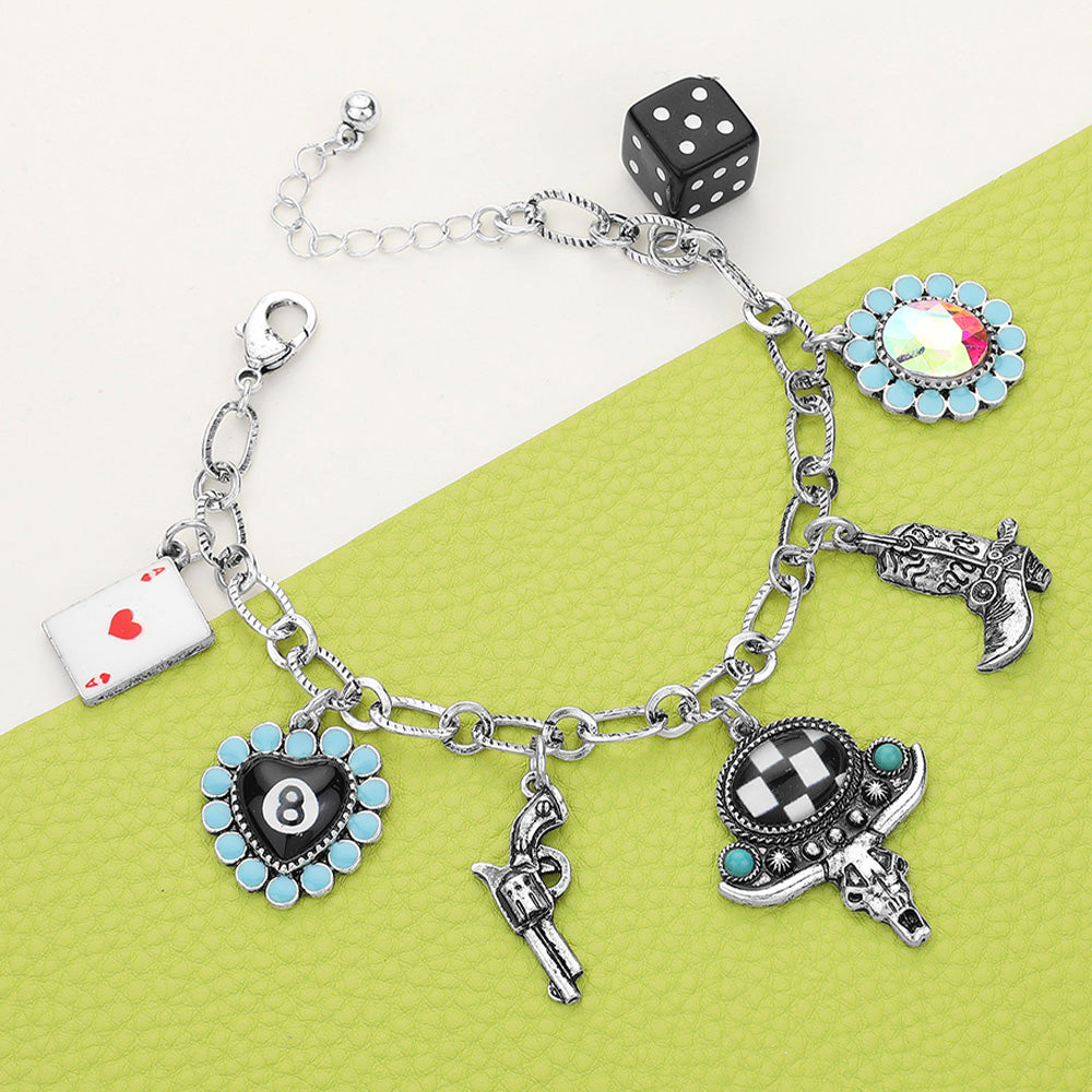 Ace Of Heart 8 Ball Billiard Heart Metal Gun Western Steer Head Boot Dice Charm Station Bracelet