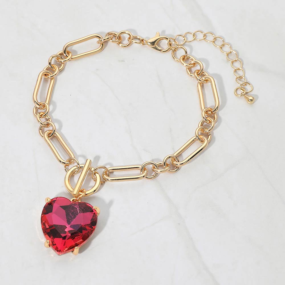 Chunky Heart Stone Cluster Toggle Charm Bracelet