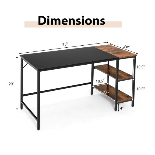 55 Inch Modern Industrial Style Study Writing Desk with 2 Storage Shelves-Brown