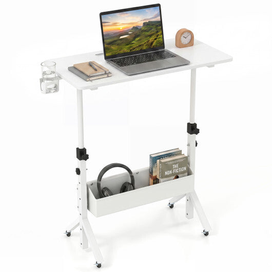 Mobile Standing Desk Height Adjustable Rolling Laptop Desk with Cup Holder Storage Basket-White