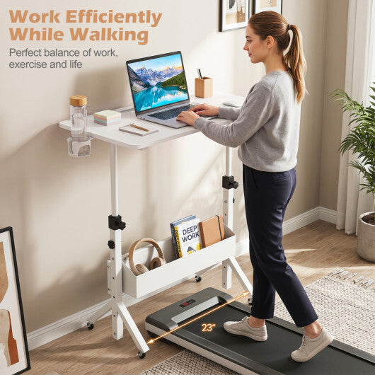 Mobile Standing Desk Height Adjustable Rolling Laptop Desk with Cup Holder Storage Basket-White