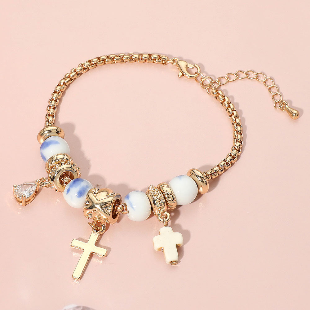 Cross Teardrop Stone Beads Accented Charm Bracelet
