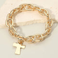 Metal Cross Charm Chunky Chain Link Stretch Bracelet