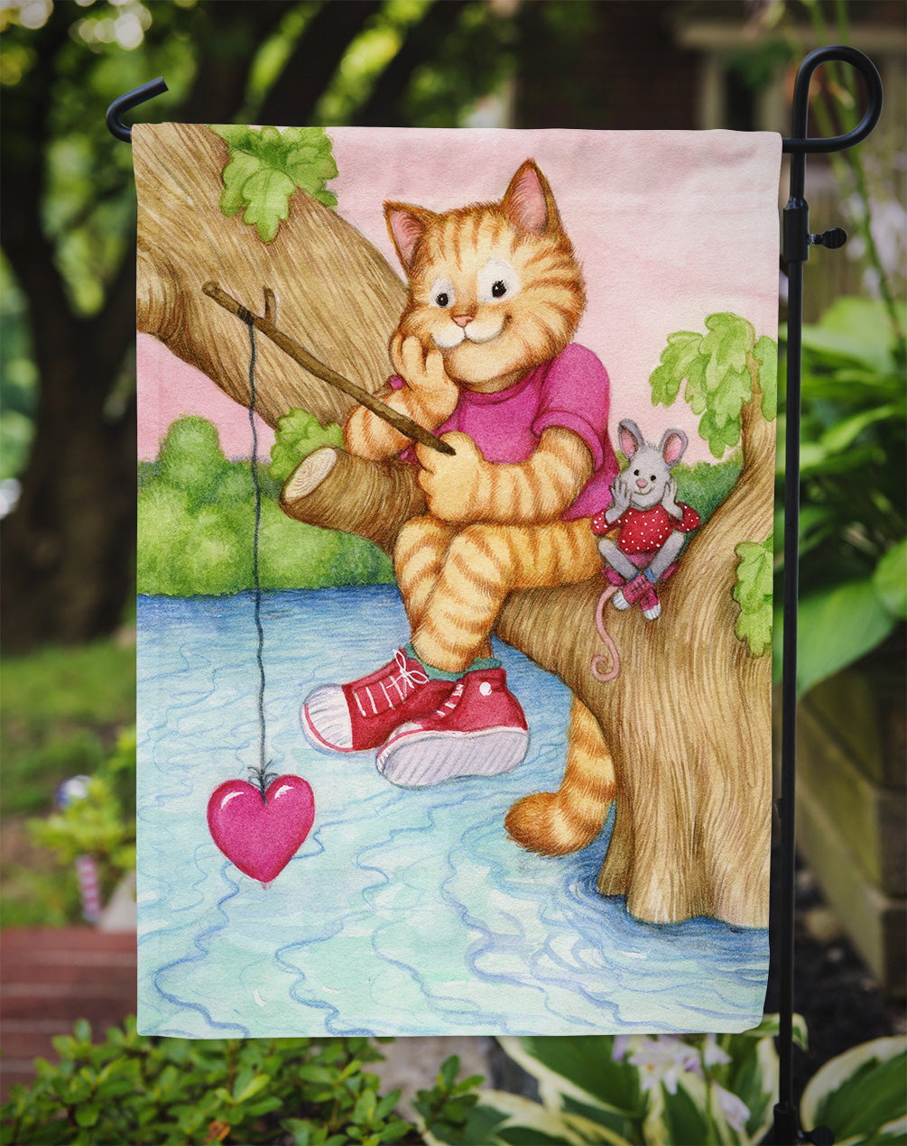 Valentine Cat Fishing For Love Garden Flag Mailbox Decorative Yard Banner Outside Patio Artwork for Flower Beds, Garden Size, Multicolor