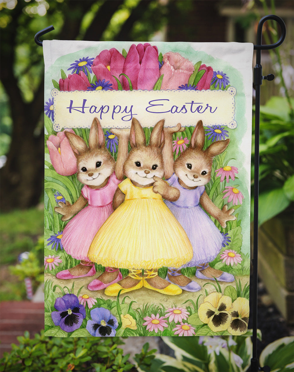 Three Bunnies Happy Easter Garden Flag Mailbox Decorative Yard Banner Outside Patio Artwork for Flower Beds, Garden Size, Multicolor