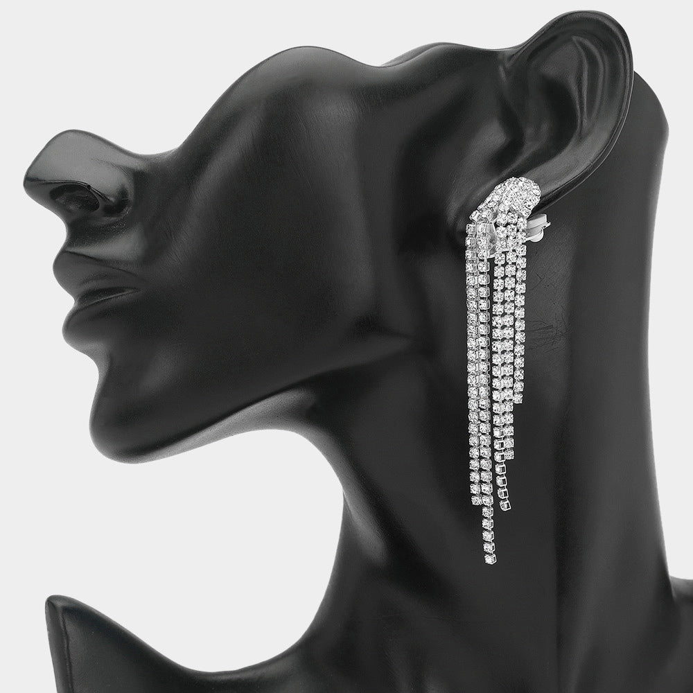 Crystal Rhinestone Long Fringe Clip on Earrings