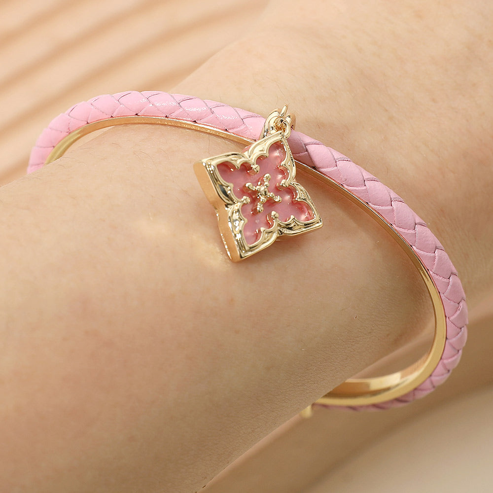 Floral Charm Accent Faux Leather Braided Cuff Bracelet
