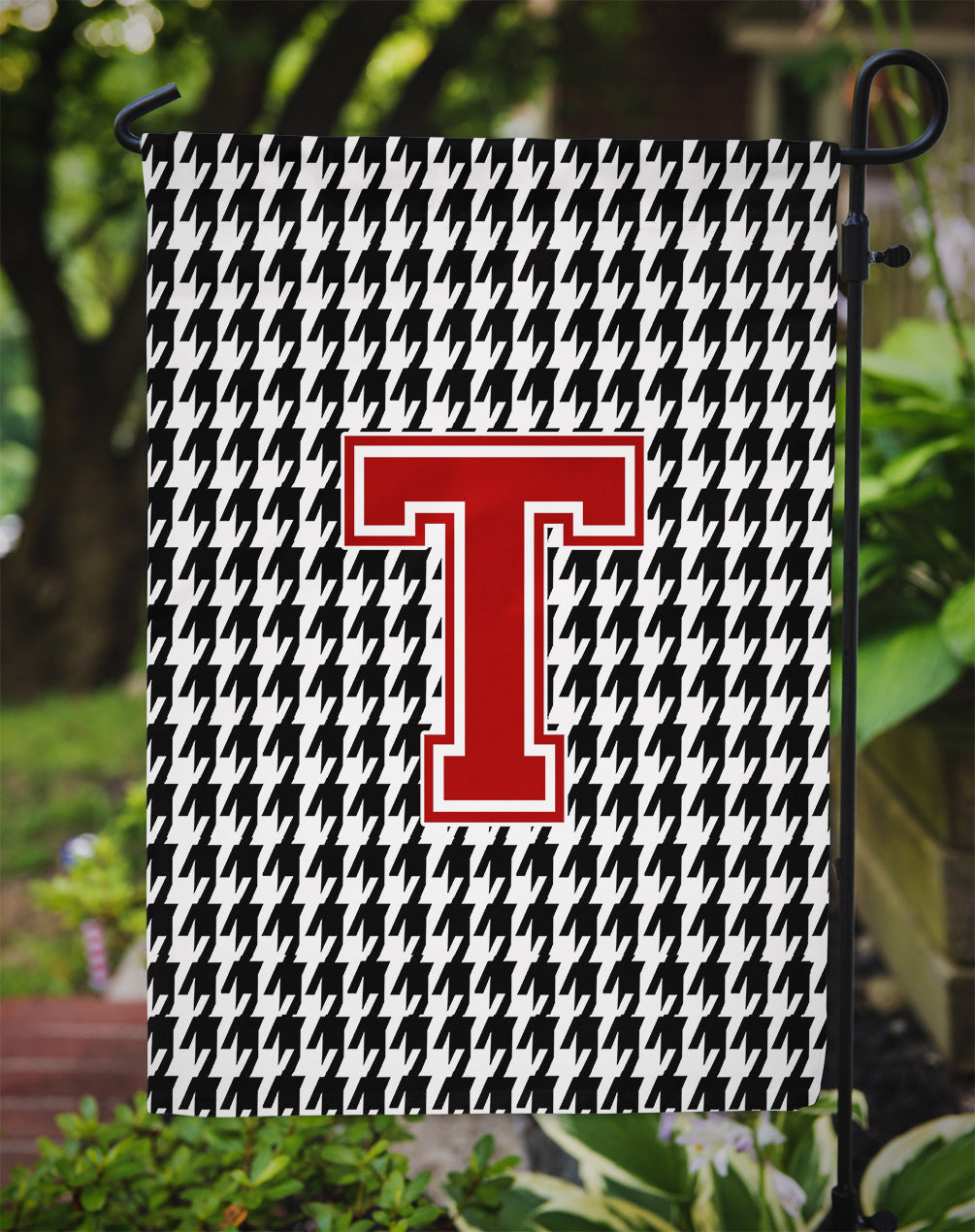 Letter T Monogram - Houndstooth Black Garden Flag Mailbox Decorative Yard Banner Outside Patio Artwork for Flower Beds, Garden Size, Multicolor