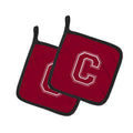 Letter C Initial Monogram - Maroon and White Pot Holder Set of 2 Heat Resistant Quilted Hot Pads 7.5 x 7.5 Inch, Insulated Kitchen Trivets for Cooking & Baking