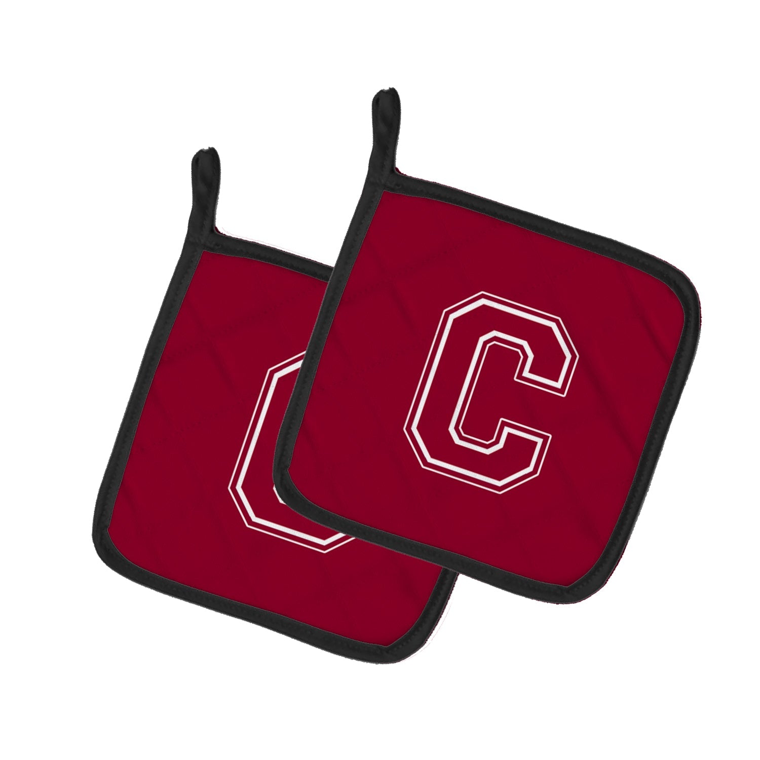 Letter C Initial Monogram - Maroon and White Pot Holder Set of 2 Heat Resistant Quilted Hot Pads 7.5 x 7.5 Inch, Insulated Kitchen Trivets for Cooking & Baking