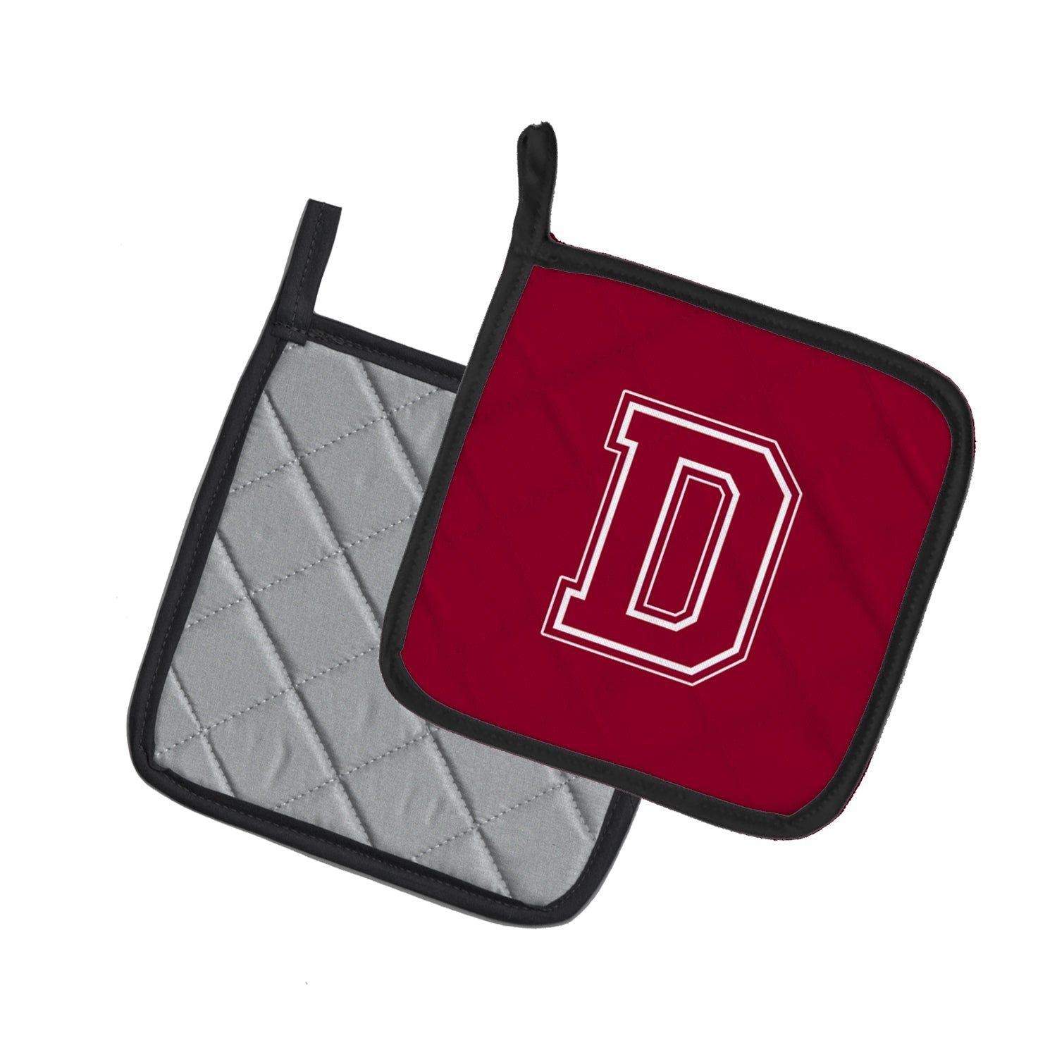Letter D Initial Monogram - Maroon and White Pot Holder Set of 2 Heat Resistant Quilted Hot Pads 7.5 x 7.5 Inch, Insulated Kitchen Trivets for Cooking & Baking