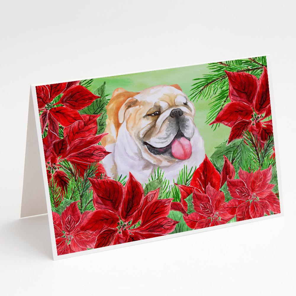 English Bulldog Poinsettas Greeting Cards Pack of 8 Blank Cards with Envelopes Whimsical A7 Size 5x7