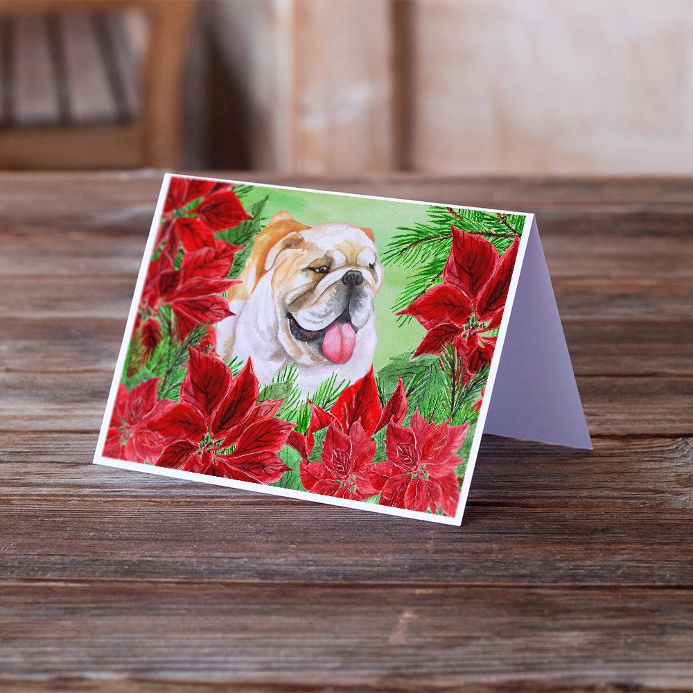 English Bulldog Poinsettas Greeting Cards Pack of 8 Blank Cards with Envelopes Whimsical A7 Size 5x7