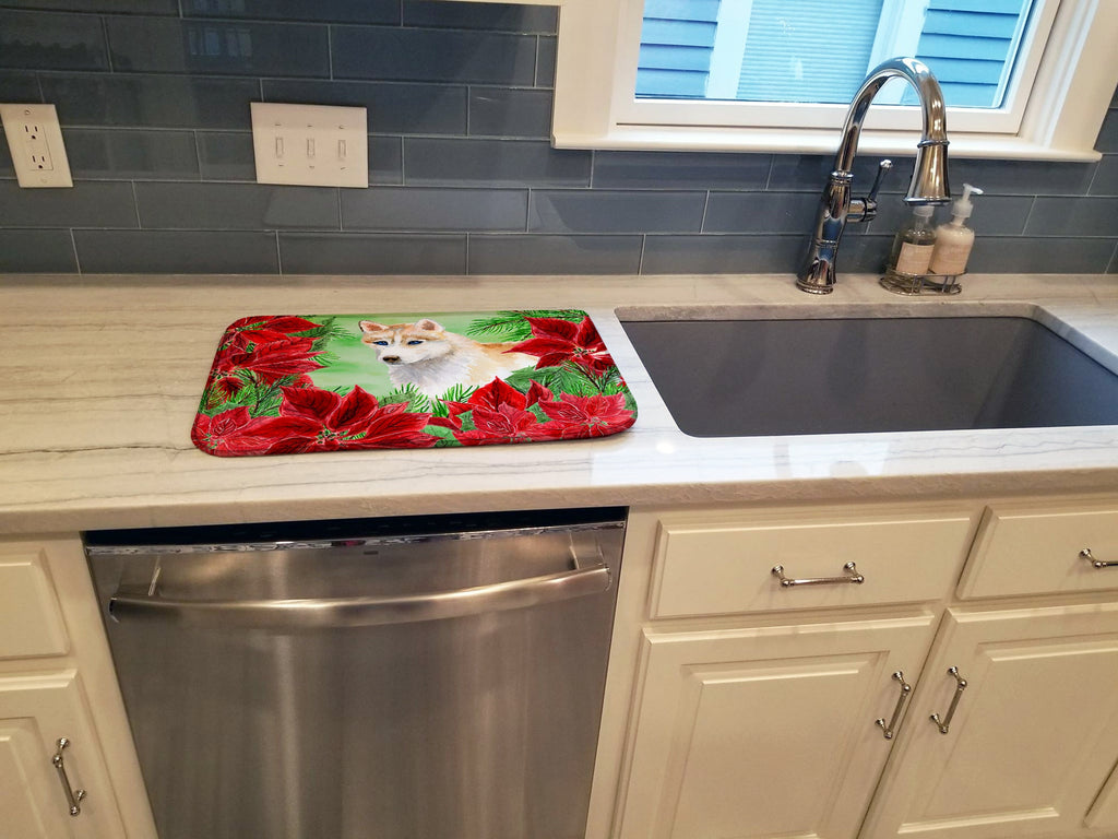 Siberian Husky Poinsettas Dish Drying Mat Absorbent Dish Drying Mat Pad for Kitchen Counter Dish Drainer Mat for Countertop, 14 x 21", Multicolor