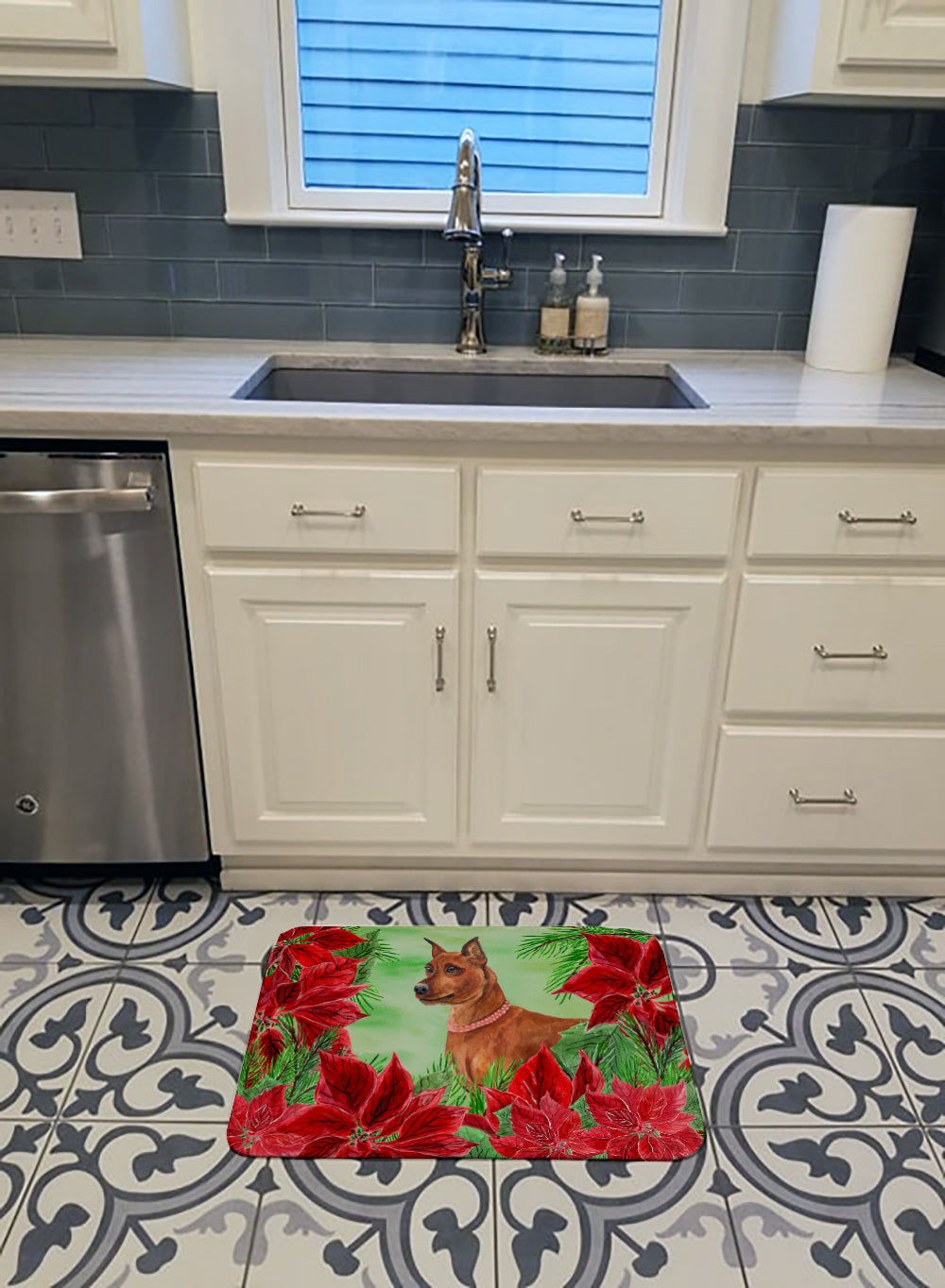 Miniature Pinscher Poinsettas Memory Foam Kitchen Mat Machine Washable Anti-Fatigue Cushion Comfort Bath or Kitchen Rug