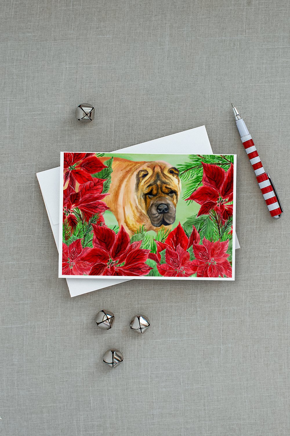 Shar Pei Poinsettas Greeting Cards Pack of 8 Blank Cards with Envelopes Whimsical A7 Size 5x7