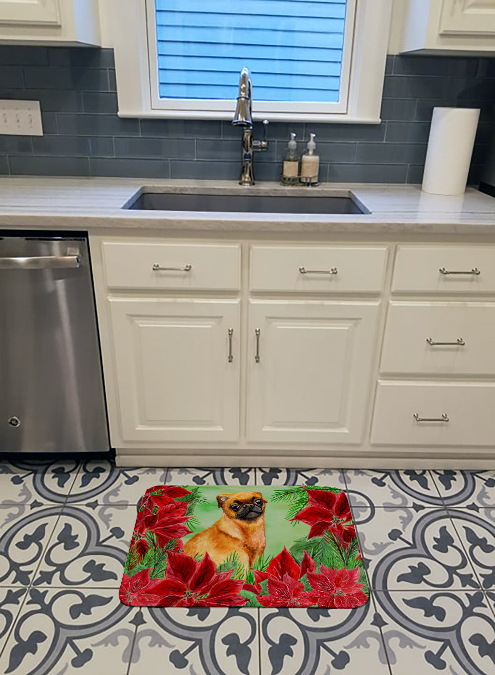Small Brabant Griffon Poinsettas Memory Foam Kitchen Mat Machine Washable Anti-Fatigue Cushion Comfort Bath or Kitchen Rug