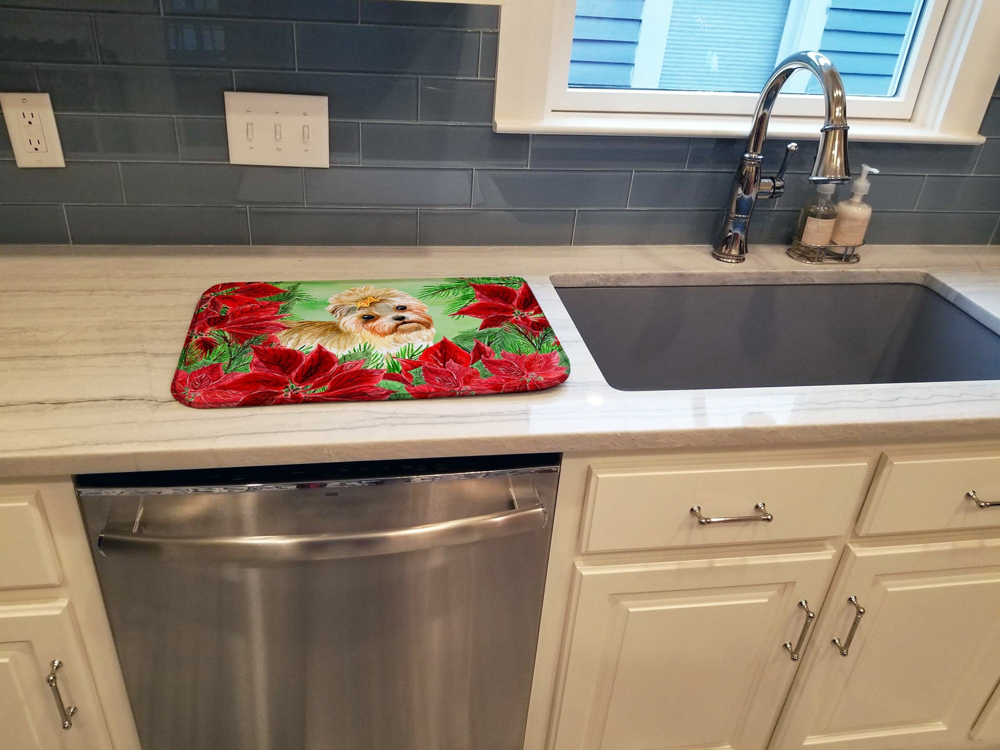 Morkie Poinsettas Dish Drying Mat Absorbent Dish Drying Mat Pad for Kitchen Counter Dish Drainer Mat for Countertop, 14 x 21", Multicolor