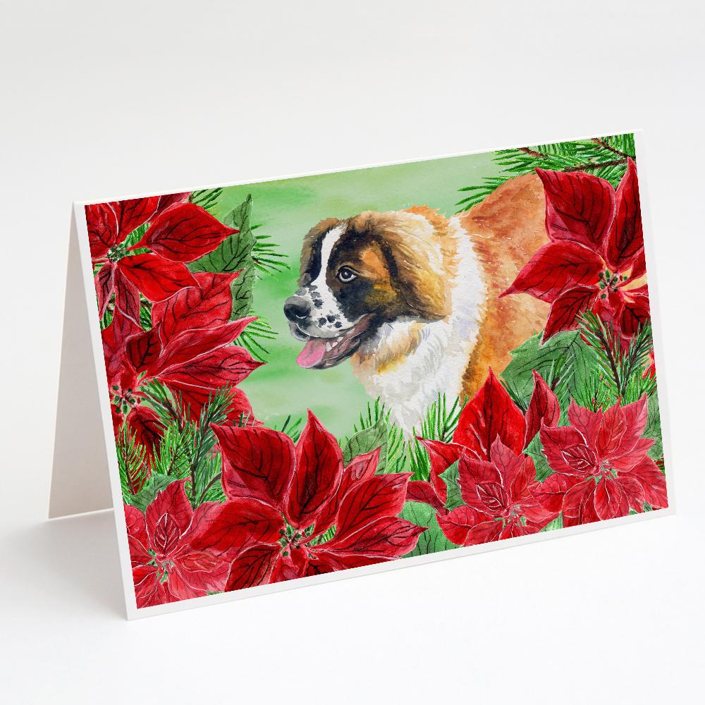 Saint Bernard Poinsettas Greeting Cards Pack of 8 Blank Cards with Envelopes Whimsical A7 Size 5x7