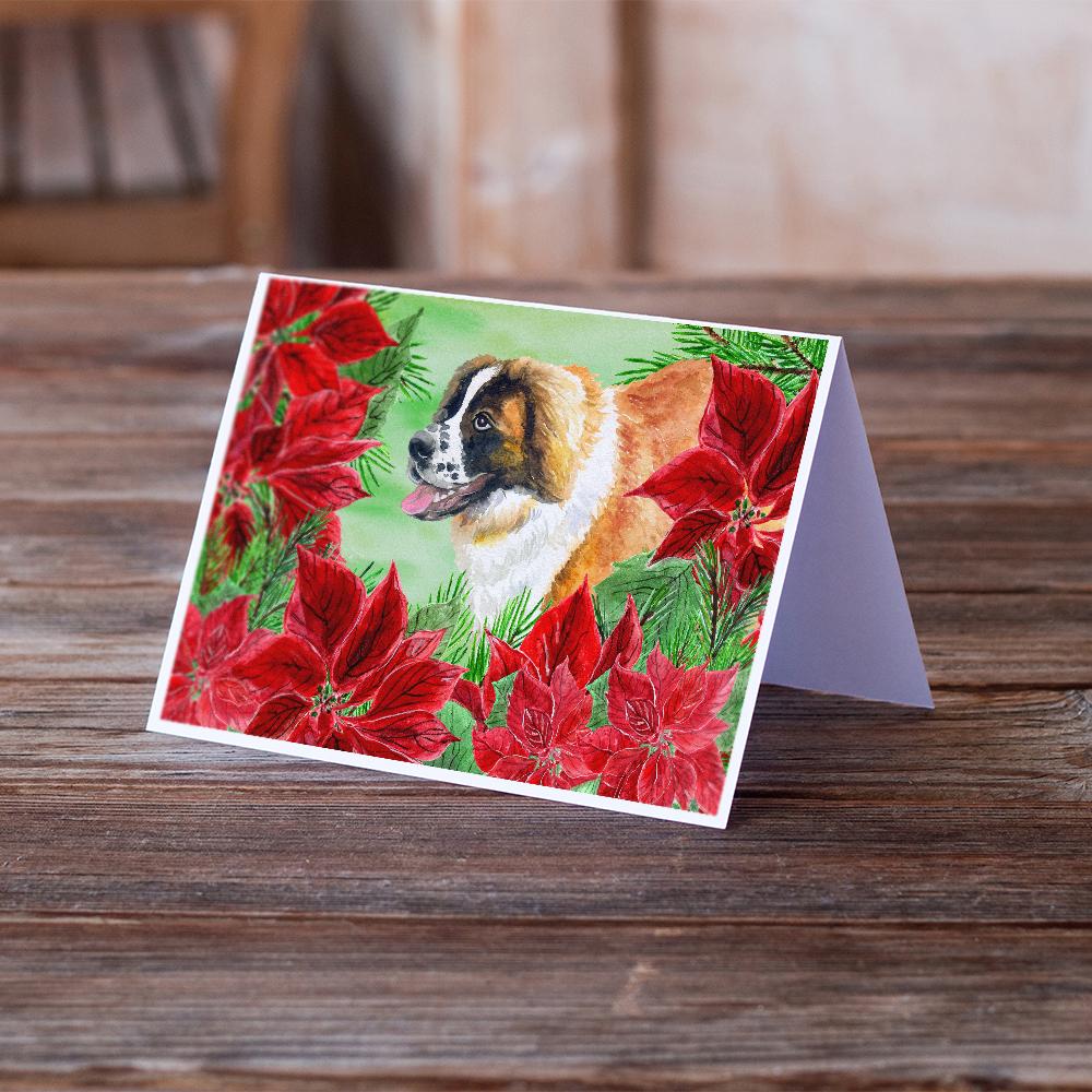 Saint Bernard Poinsettas Greeting Cards Pack of 8 Blank Cards with Envelopes Whimsical A7 Size 5x7