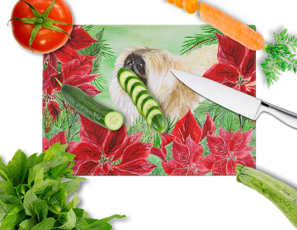 Pekingese Poinsettas Cutting Board Tempered Glass Kitchen Cutting Surface, Heat Resistant Chopping, Non-Slip Feet, Food Prep & Serving
