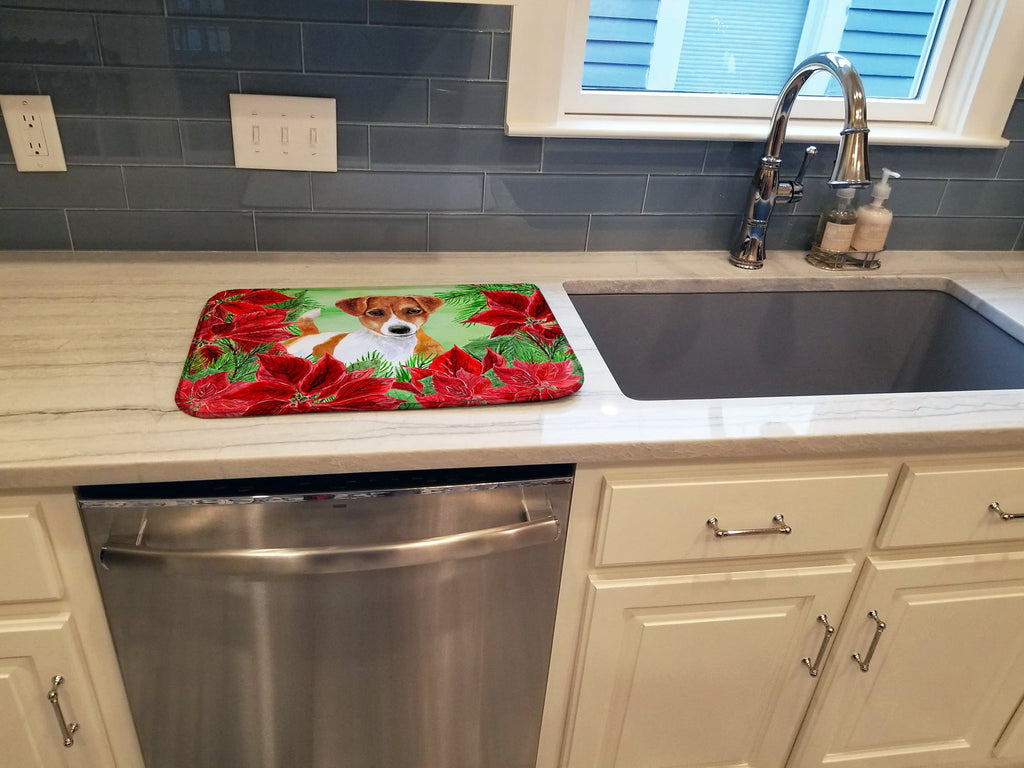 Jack Russell Terrier Poinsettas Dish Drying Mat Absorbent Dish Drying Mat Pad for Kitchen Counter Dish Drainer Mat for Countertop, 14 x 21", Multicolor