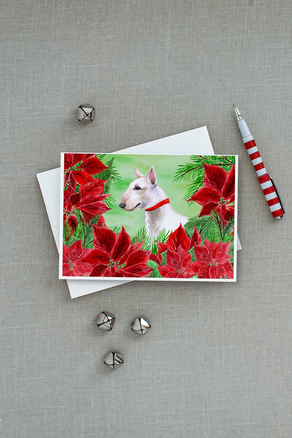 Bull Terrier Poinsettas Greeting Cards Pack of 8 Blank Cards with Envelopes Whimsical A7 Size 5x7