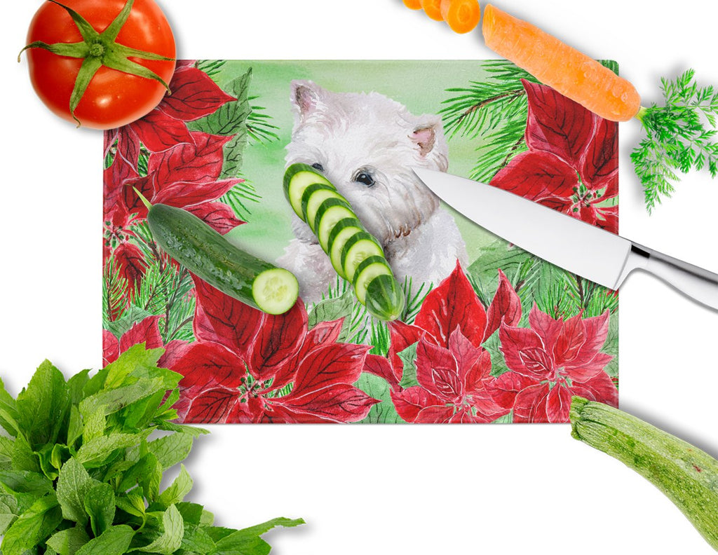 Westie Poinsettas Cutting Board Tempered Glass Kitchen Cutting Surface, Heat Resistant Chopping, Non-Slip Feet, Food Prep & Serving