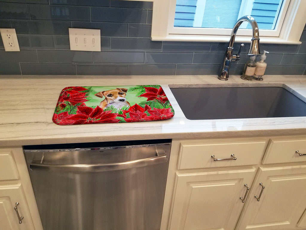 Jack Russell Terrier #2 Poinsettas Dish Drying Mat Absorbent Dish Drying Mat Pad for Kitchen Counter Dish Drainer Mat for Countertop, 14 x 21", Multicolor