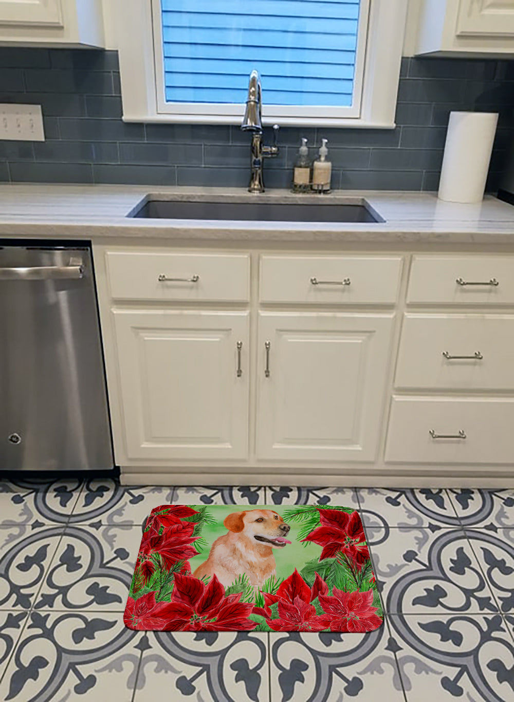 Labrador Retriever Poinsettas Memory Foam Kitchen Mat Machine Washable Anti-Fatigue Cushion Comfort Bath or Kitchen Rug