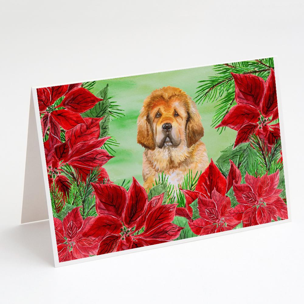 Tibetan Mastiff Poinsettas Greeting Cards Pack of 8 Blank Cards with Envelopes Whimsical A7 Size 5x7