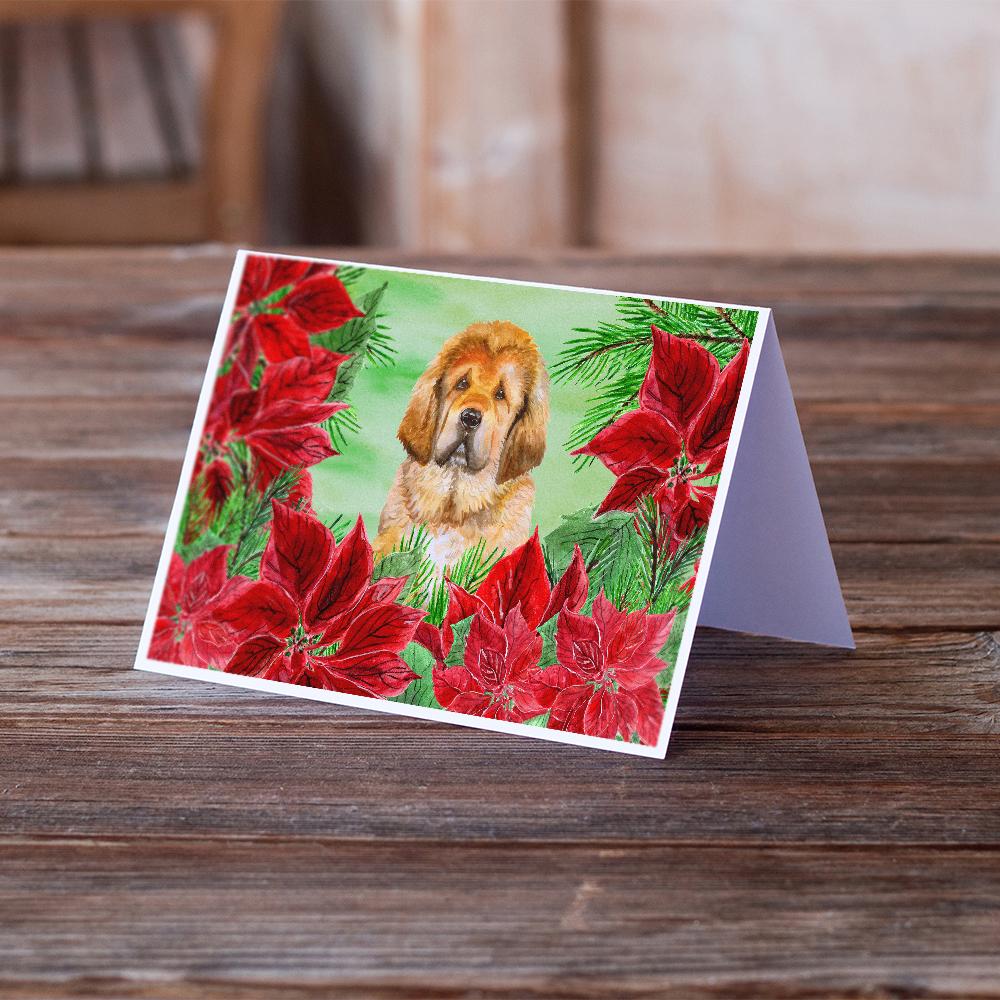 Tibetan Mastiff Poinsettas Greeting Cards Pack of 8 Blank Cards with Envelopes Whimsical A7 Size 5x7