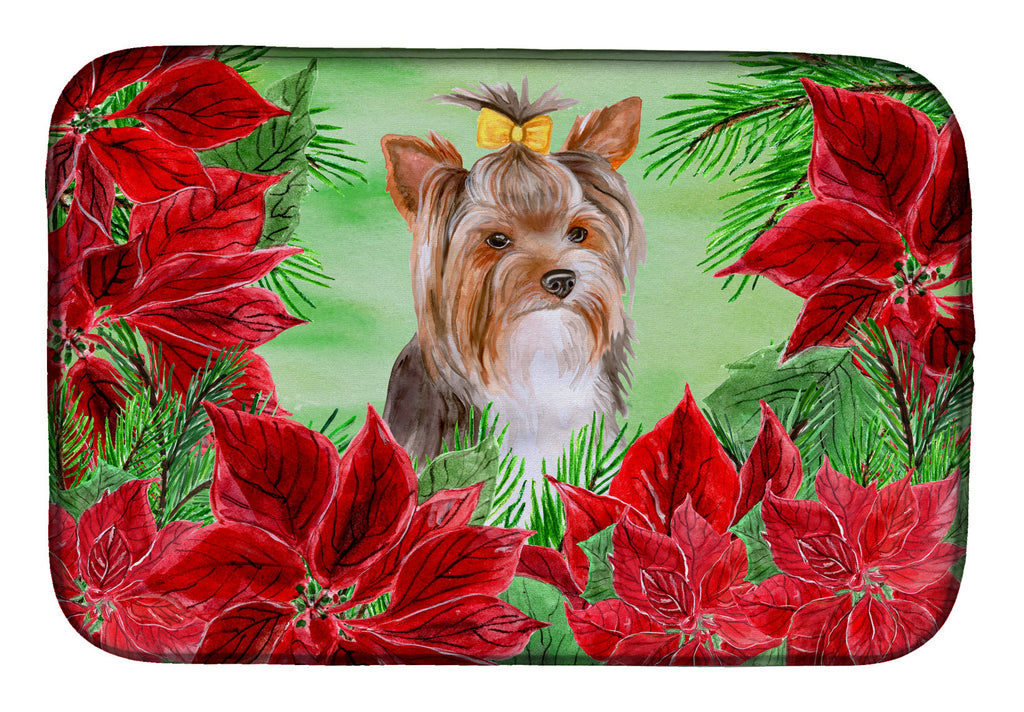 Yorkshire Terrier #2 Poinsettas Dish Drying Mat Absorbent Dish Drying Mat Pad for Kitchen Counter Dish Drainer Mat for Countertop, 14 x 21", Multicolor