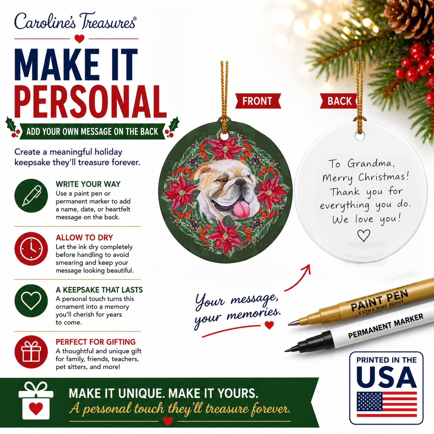 English Bulldog Poinsetta Wreath Ceramic Ornament Christmas Tree Hanging Decorations for Home Christmas Holiday, Party, Gift, 3 in, Multicolor