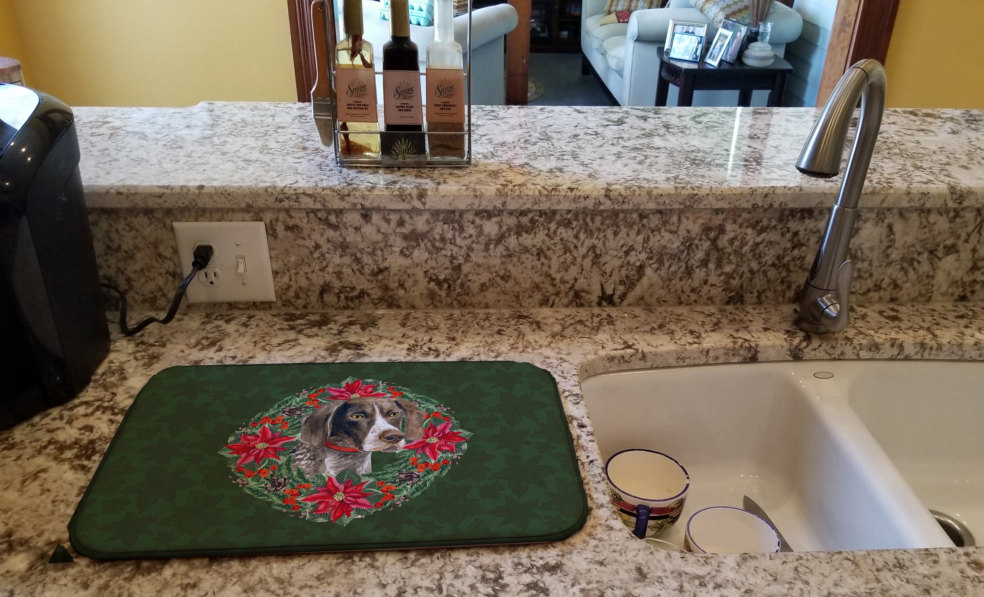 German Shorthaired Pointer Poinsetta Wreath Dish Drying Mat Absorbent Dish Drying Mat Pad for Kitchen Counter Dish Drainer Mat for Countertop, 14 x 21", Multicolor
