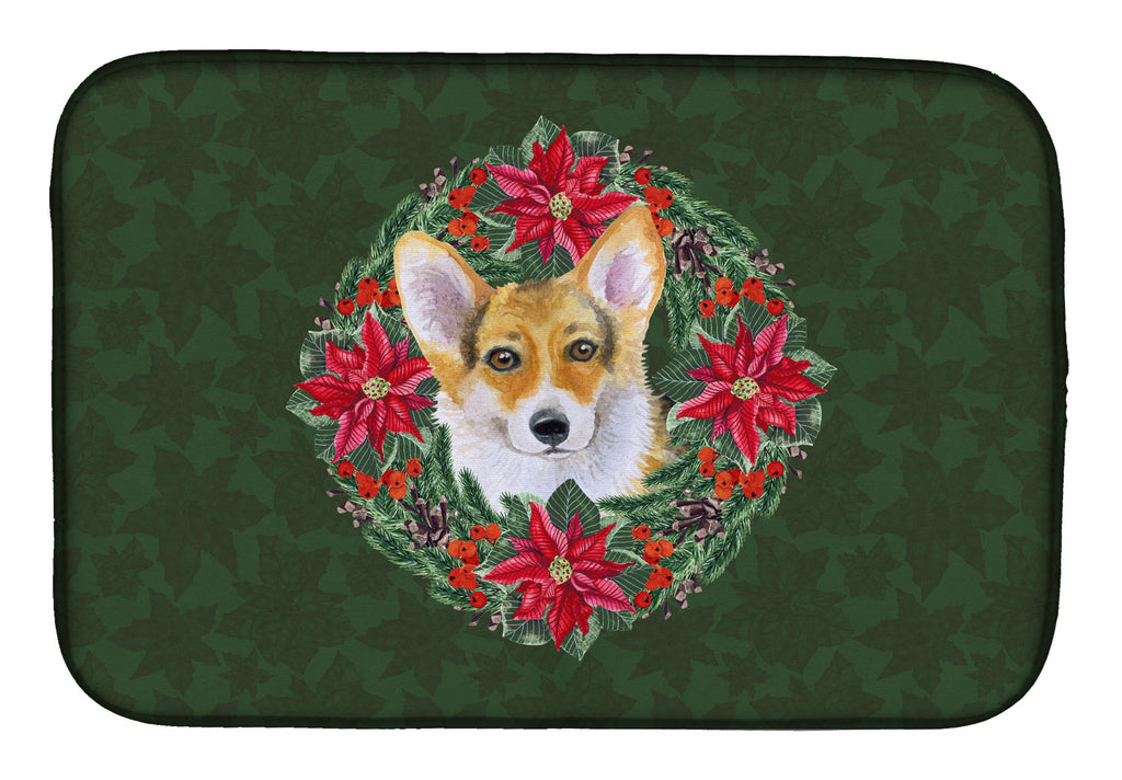 Pembroke Corgi Poinsetta Wreath Dish Drying Mat Absorbent Dish Drying Mat Pad for Kitchen Counter Dish Drainer Mat for Countertop, 14 x 21", Multicolor