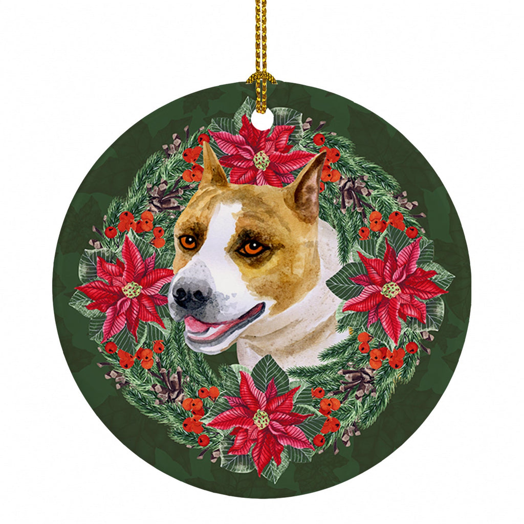 American Staffordshire Poinsetta Wreath Ceramic Ornament Christmas Tree Hanging Decorations for Home Christmas Holiday, Party, Gift, 3 in, Multicolor