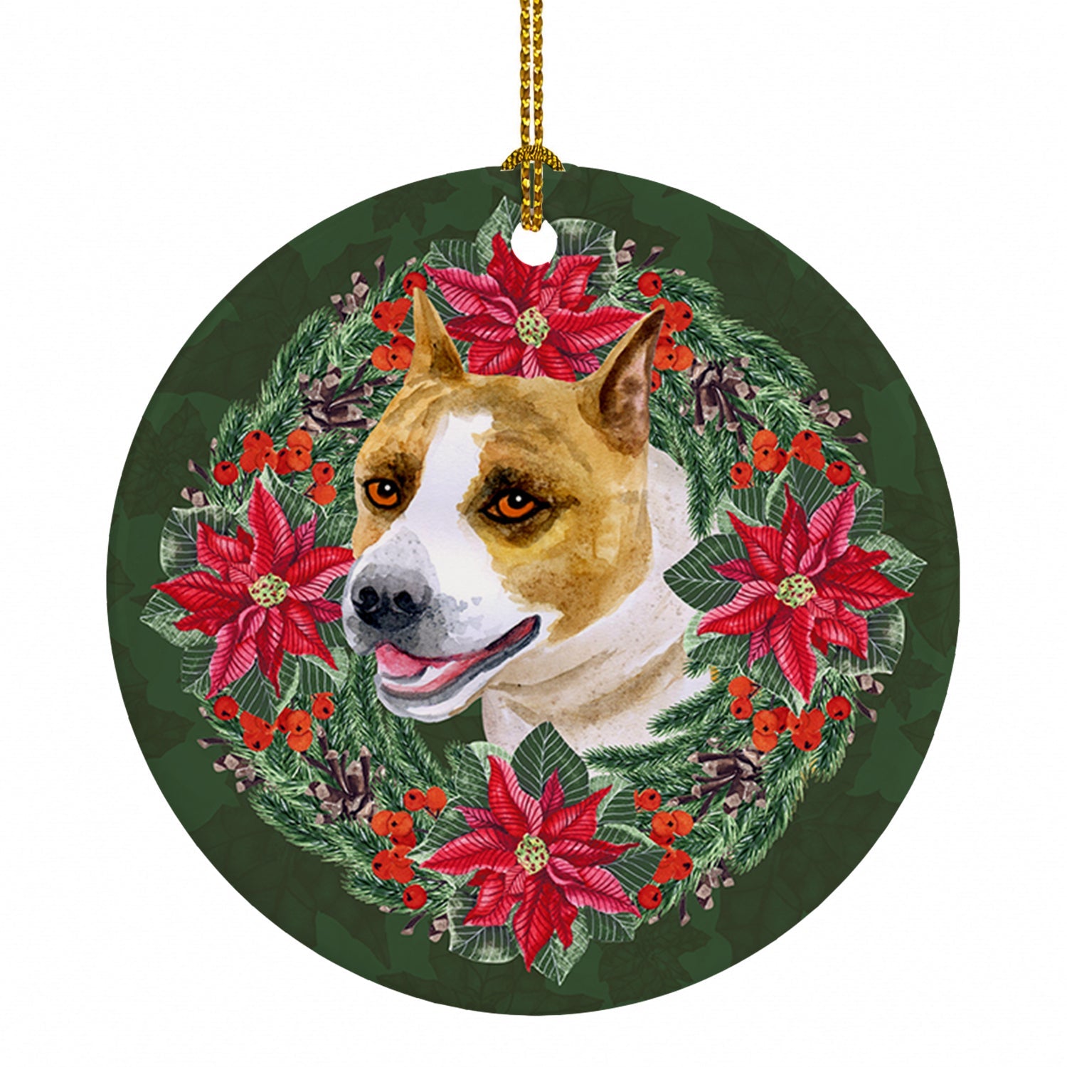 American Staffordshire Poinsetta Wreath Ceramic Ornament Christmas Tree Hanging Decorations for Home Christmas Holiday, Party, Gift, 3 in, Multicolor