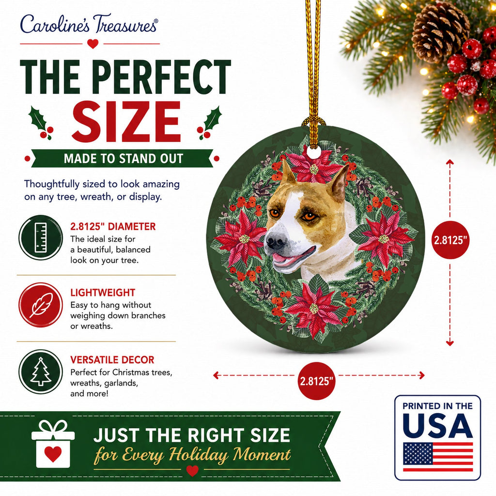 American Staffordshire Poinsetta Wreath Ceramic Ornament Christmas Tree Hanging Decorations for Home Christmas Holiday, Party, Gift, 3 in, Multicolor