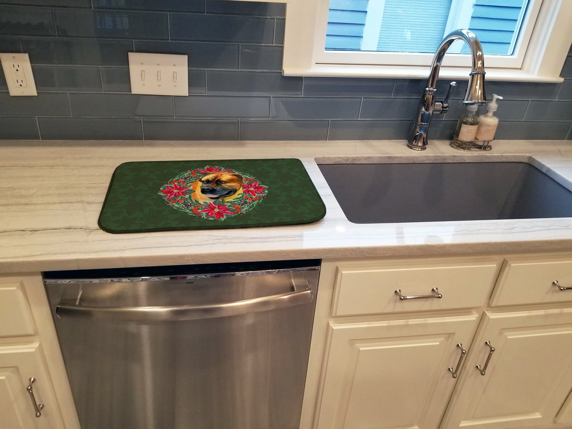 Boerboel Mastiff Poinsetta Wreath Dish Drying Mat Absorbent Dish Drying Mat Pad for Kitchen Counter Dish Drainer Mat for Countertop, 14 x 21", Multicolor