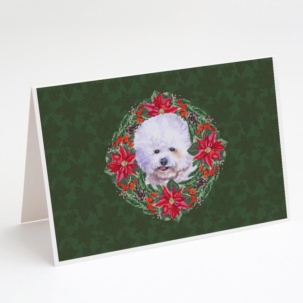Bichon Frise Poinsetta Wreath Greeting Cards Pack of 8 Blank Cards with Envelopes Whimsical A7 Size 5x7