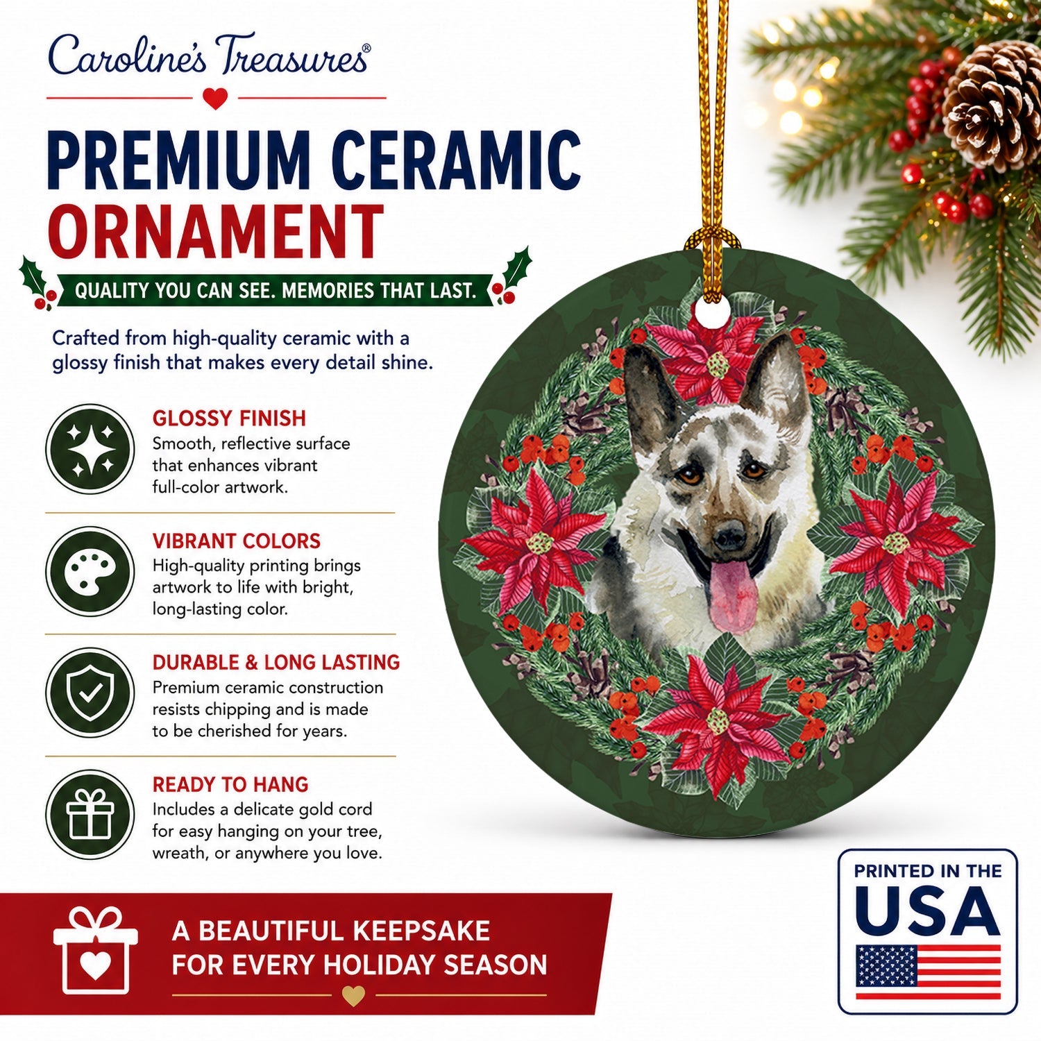 East-European Shepherd Poinsetta Wreath Ceramic Ornament Christmas Tree Hanging Decorations for Home Christmas Holiday, Party, Gift, 3 in, Multicolor
