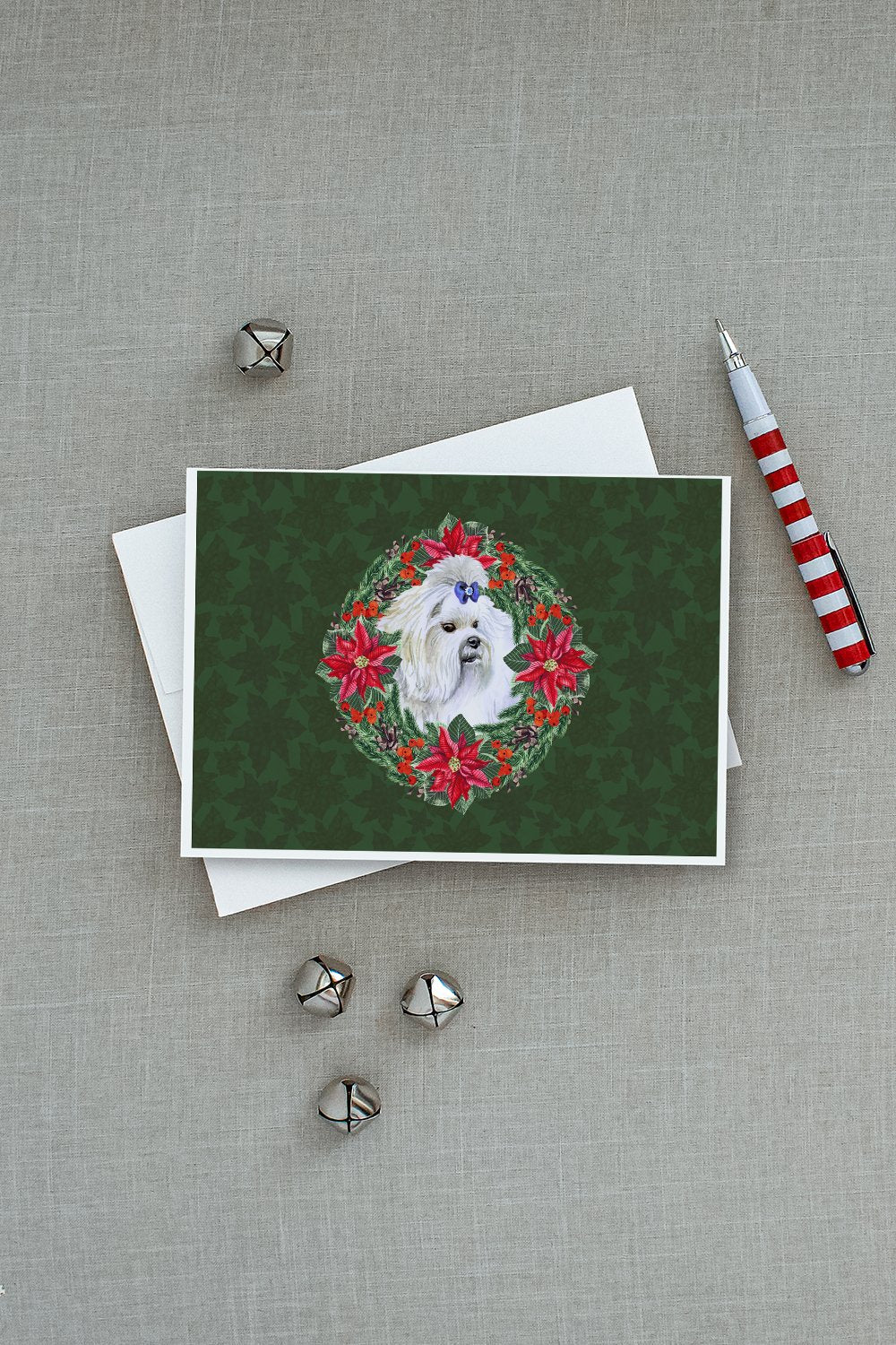 Maltese Poinsetta Wreath Greeting Cards Pack of 8 Blank Cards with Envelopes Whimsical A7 Size 5x7