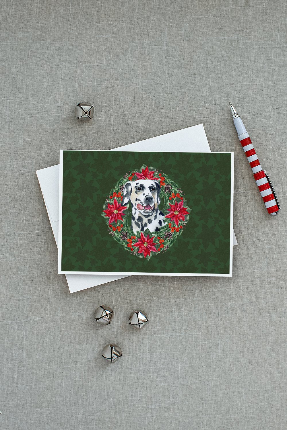 Dalmatian Poinsetta Wreath Greeting Cards Pack of 8 Blank Cards with Envelopes Whimsical A7 Size 5x7