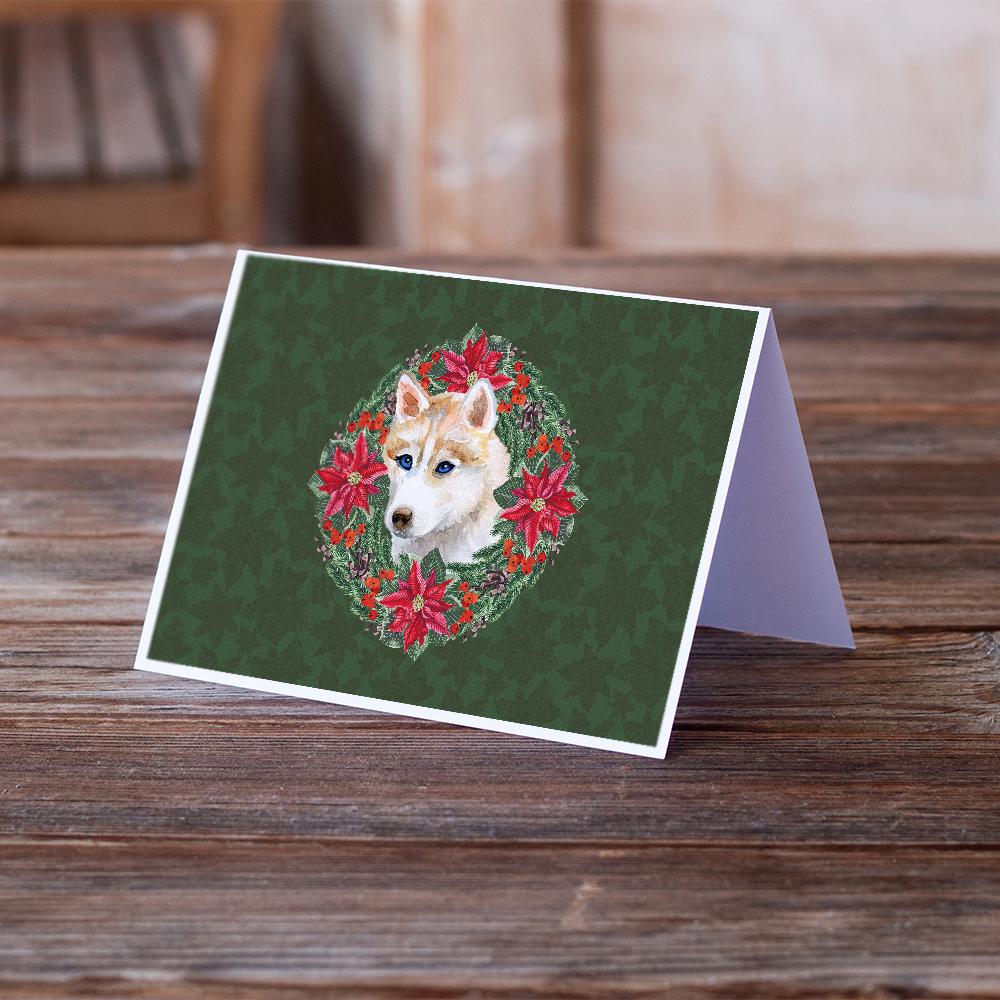 Siberian Husky Poinsetta Wreath Greeting Cards Pack of 8 Blank Cards with Envelopes Whimsical A7 Size 5x7