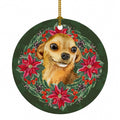 Chihuahua Poinsetta Wreath Ceramic Ornament Christmas Tree Hanging Decorations for Home Christmas Holiday, Party, Gift, 3 in, Multicolor