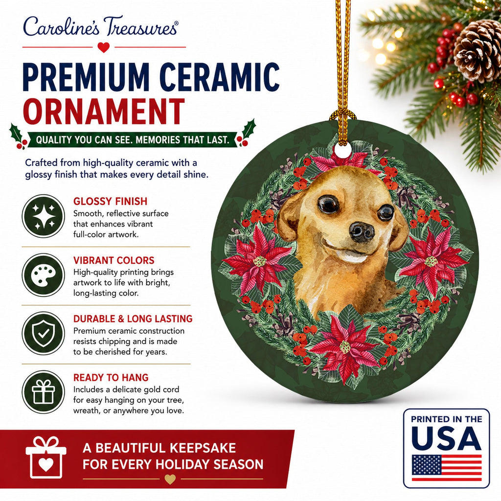 Chihuahua Poinsetta Wreath Ceramic Ornament Christmas Tree Hanging Decorations for Home Christmas Holiday, Party, Gift, 3 in, Multicolor