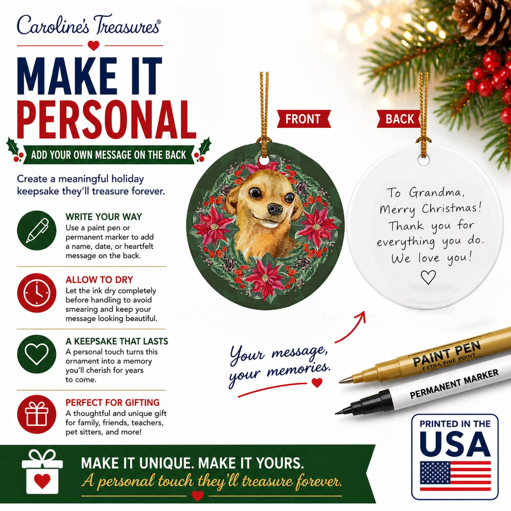 Chihuahua Poinsetta Wreath Ceramic Ornament Christmas Tree Hanging Decorations for Home Christmas Holiday, Party, Gift, 3 in, Multicolor
