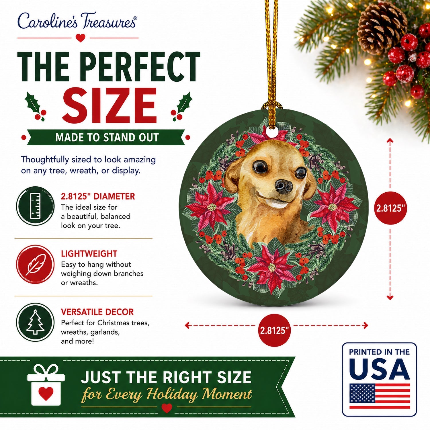 Chihuahua Poinsetta Wreath Ceramic Ornament Christmas Tree Hanging Decorations for Home Christmas Holiday, Party, Gift, 3 in, Multicolor